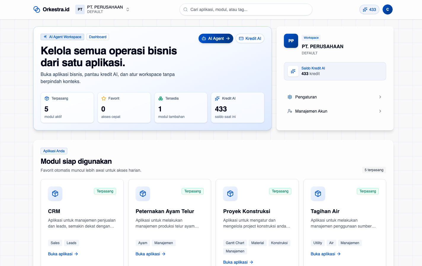 Dashboard aplikasi Orkestra.id